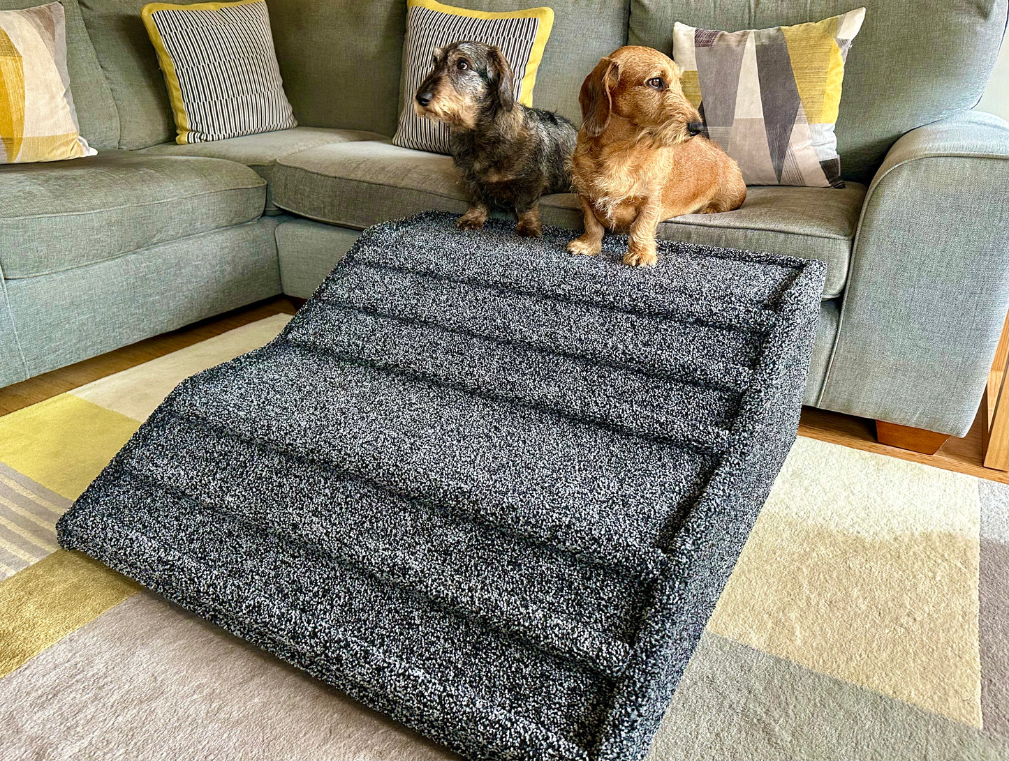 Extra Wide 38cm (15") High Double Landing Carpeted Wood Dog, Cat, Pet Ramp